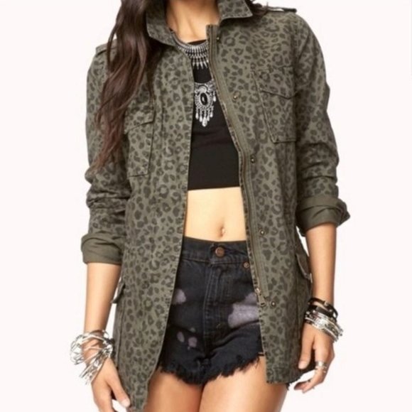 Forever 21 Army Green Leopard Print Utility Jacket - Picture 2 of 7